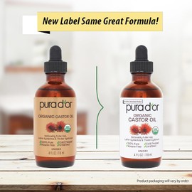PURA D’OR™ Aceite de Ricino Orgánico 100% Puro 4oz | Prensado en Frío, USDA Certificado | Estimula Crecimiento de Pestañas, Cejas y Cabello | Incluye Kit Aplicador | Sin Hexano, Vegano, Aroma Natural Relajante