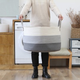 Sea Team Extra Large Size Cotton Rope Woven Storage Basket with Handles, Laundry Hamper, Trunk Organizer, Clothes Toys Bin for Kid's Room, 22 x 13 inches, Round Open Design, Off White & Navy Blue