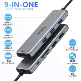 Docking Station Dual DisplayPort, Selore USB c hub with 2 displayport, HDMI, 3*USB 3.0,100W PD,SD & TF Slot, 9 in 1 2 dp Multiport Adapter for MacBook/Dell XPS/HP/Lenovo/Microsoft Surface