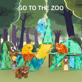 VANLINNY Magnetic Tiles,64 Piece Jungle Animals Magnet Toys for Kids Ages 3-8,3D Building Blocks for Boys/Girls Learning by Playing Games to Improve Imagination/Creativity,Birthday Xmas Gifts