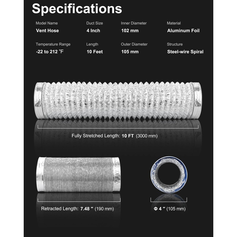 GDSTIME 4 Inch Dryer Vent Hose 10 FT, Flexible Aluminum