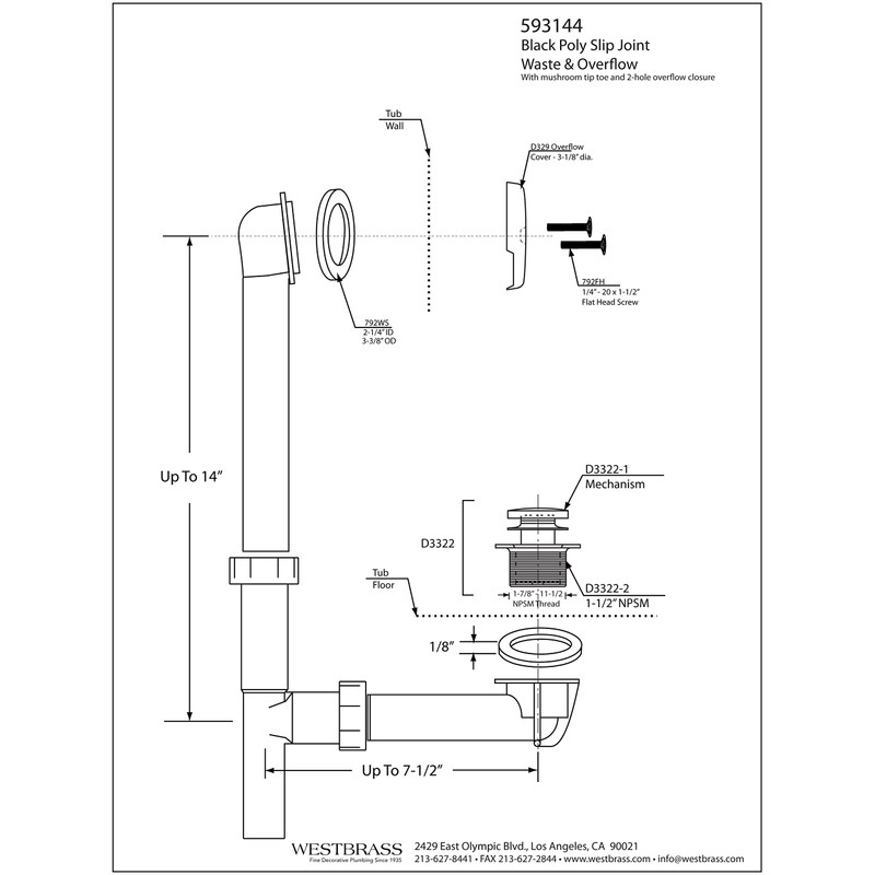 Westbrass 593144-01 Black 1-1/2" Tubular Tip-Toe Bath Waste Drain Kit,