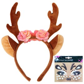 Reindeer Headband with Flowers + Reindeer Face Sticker, FUKPO Deer Ears Headband Costume Women Girls Children Adults Headpiece Antlers Carnival Theme Party Fancy Dress Cosplay Christmas
