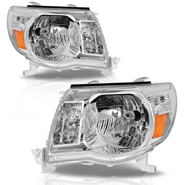 ALZIRIA Headlight Assembly Compatible With 2005 2006 2007 2008 2009 2010 2011 Toyota Tacoma 05 06 07 08 09 10 11 Tacoma Pickup Truck OE Style Driver And Passenger Side (Chrome Housing Amber Reflector)