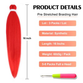ADIASAI Braiding Hair Pre Stretched 16 Inch 3 Packs, Red Pre stretched Braiding Hair for Professional Braiding Hair Extensions, Hot Water Setting Yaki Texture Synthetic Hair