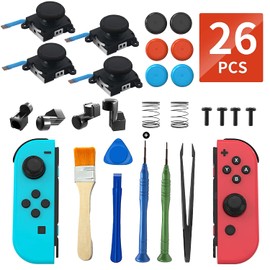 Joycon Joystick Replacement Kit(26 in one), Switch Analog Stick Parts for Switch Joycon/Switch OLED, Include 4 Thumb 3D Sticks, 4 Metal Buckles, 2 Screwdrivers, Pry Tool, 6 Thumbstick Grips