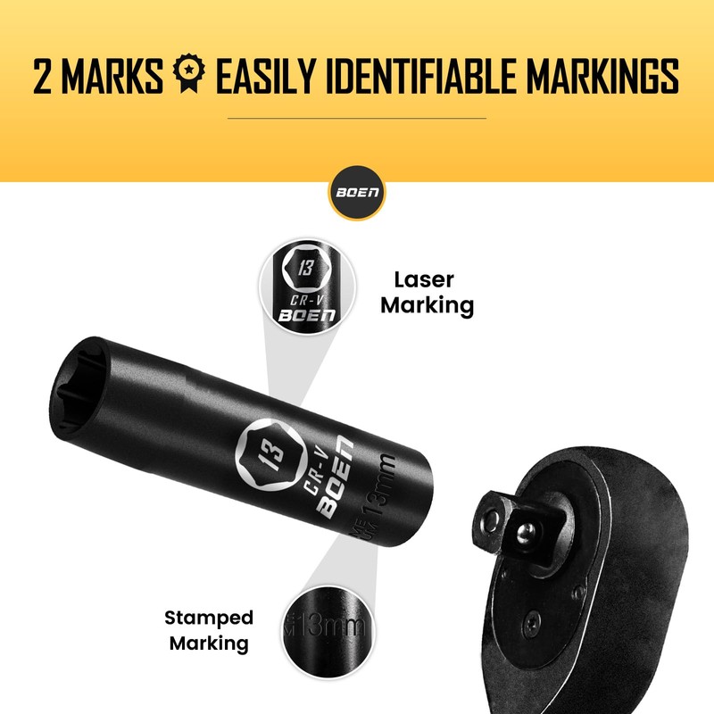 BOEN 3/8" Drive Deep Impact Sockets, Premium Impact Socket, 13mm