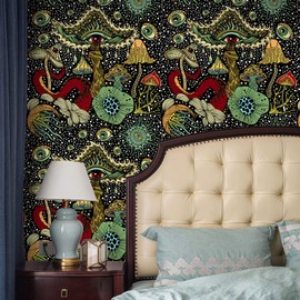 WENMER 17.7in x 32.8ft Peel and Stick Wallpaper Boho Mushroom Wallpaper Plant/Eyes/Mushroom Contact Paper Floral Wallpaper Vinyl Self Adhesive Removable Stick on Wallpaper for Bedroom Bathroom