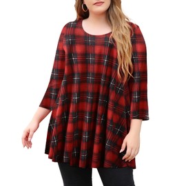 MONNURO Womens 3/4 Sleeve Tops Casual Loose Fit Swing Plus Size Tunic Blouse Basic Shirts(Plaid Burgundy,3X)