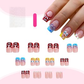 Press on Nails Short Square Fake Nails Colorful French Tip Press on Nails Acrylic Nails Glossy Glue on Nails Cartoon Funny Artificial Nails Polka Dots Stick on False Nails with Design 24 pcs