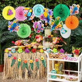 Pack of 27 Hawaiian Party Decoration Set Includes 6 x Tropical Birds Decoration, 8 x Paper Fans, Parrot Party Decoration and Hanging Garland Paper Fans for Summer Decoration, Hawaiian Decoration,
