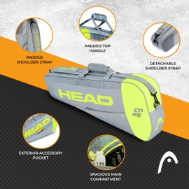 HEAD Core 3R Pro Tennis Racquet Bag, Holds 3 Racquets, Adjustable Strap, Grey/Yellow