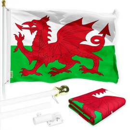 UD_G128 Combo Pack: 6 Ft Tangle Free Spinning Flagpole (White) & Wales Flag 3x5 Ft Printed 150D Polyester, Brass Grommets (Flag