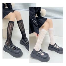 Kumoi Women's Full Lace High Socks, 2 Pairs Set, Lace Socks, Lolita Socks, Girls, Cute, Thin, Breathable, Sheer, Junior, Stockings, High Socks, For School Commutes, Commutes, Graduations, Cosplay and