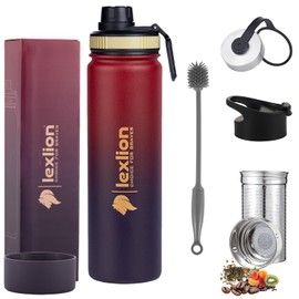 Lexlion Tea Infuser Bottle - Fruit Infuser Water Bottle 22 Oz, Triple Walled Insulated Stainless Steel Bottle, Thermal Leaf Infuser, Silicone Sleeve, Cleaning Brush, 3 Lids Leakproof, Metal Mug Gallon