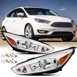 Reinko LED DRL Headlights Assembly (ST Style) Compatible with 2015 2016 2017 2018 Ford Focus W/Bulbs Chrome W/Amber Headlamp Assy. 1x Pair