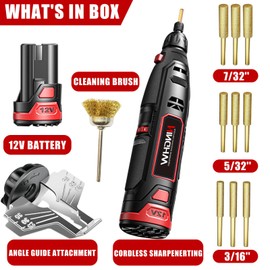 Electric Cordless Chainsaw Sharpener Kit, Chain Saw Sharpener Tool 12V Battery powered with 9 Titanium Plated Diamond Bits(3 types) & brush head & Angle Attachment, Easy to Use for All Chainsaw Chains