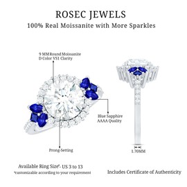 Rosec Jewels Certified Moissanite Designer Engagement Ring In Silver, D-Vs1 Quality, Moissanite Sapphire Halo Ring - Ideal For Gift, 925 Sterling Silver, Size:US 6.50