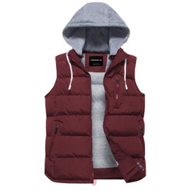 CREATMO US Women's Thicken Winter Vest Water-Resistant Puffer Jacket Thicken Vest With Removable Hood Burgundy M