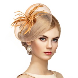 Zinniday Heart Mesh Feather Fascinators - High Tea Party Hats Gold 2025 Kentucky Hat with Hair Clip, 1920s 50s Accessories Classic Victoria Derby Cap for Lady Women Cocktail Church Attire Dress Up