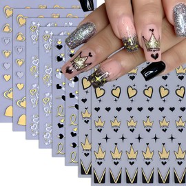 8 Sheets Heart Nail Stickers for Nail Art Black Gold Heart Love Nail Decals 3D Self Adhesive Metallic Love Letter Crown Nail Design Valentine's Day Nail Sticker for French DIY Nail Decoration Manicure