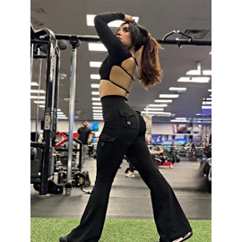 YEOREO CoreFlex Women Workout Flare Leggings with Pockets Hidden Scrunch High Waisted Cargo Gym Yoga Leggings Black XXL