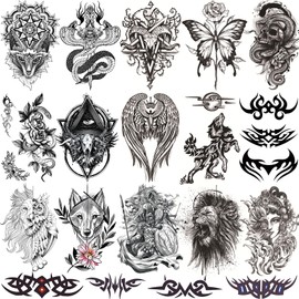 16 Sheets Black Realistic Temporary Tattoos for Men and Women, Half Arm Waterproof Temp Tattoo Stickers Adults, Hand and Body Art Dragon Flower