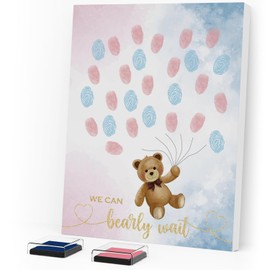 ZWV Gender Reveal Fingerprint Tree Bear, Bear Theme Baby Shower Guest Book Decoration Set, Canvas Painting Gender Reveal Party Creative Souvenirs