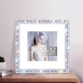 GUFONKOD Square 12x12 Solid Wood Bling Picture Frame for Hanging Wall Decor,Display Picture 9x9 with Mat or 12x12 Without Mat,Glitter Sparkle Glass Diamond Rhinestone Lace Poster Photo Frame (White)