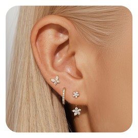 WOZNU Set of 3 Earrings, 925 Silver Set for Women, 14 Carat Gold-Plated Small Stud Earrings, Silver 925 Set, Stackable Cubic Zirconia Stud Earrings, Hoop Earrings Set for Multiple Piercings