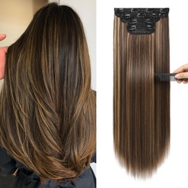REECHO 20" Straight Long 4 PCS Set Thick Clip in on Hair Extensions Chocolate Brown with Golden Highlights