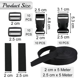 Sctmda 10 m Buckles Webbing Set 20 mm 25 mm Black Nylon Webbing with 10 Pairs of Buckles Adjustable Plastic Buckle Side Release Buckles Clips Luggage Attachment Strap for Backpack DIY Crafts, black