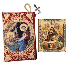 Needzo Nativity of Christ Tapestry Keepsake Pouch Case With Nativity Icon Byzantine Style, Red, Christmas Gift For Kids Adults, Set of 2