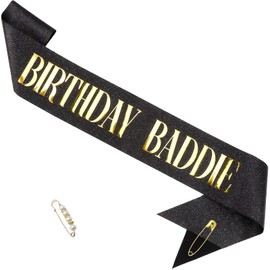 LATFZ 'BIRTHDAY BADDIE' Sash Black with Gold Foil for Girl, Happy Funny Birthday Decorations Party Kits for Women Men Birthday Gifts
