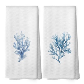 shiviody Ocean Coral Kitchen Towels - Coastal Summer Dish Towels, Nautical Sea Coral Decorative Absorbent Dishcloths Hand Towel Set of 2 for Beach House Bathroom Decor 16x24 Inches
