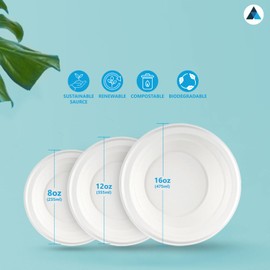 Nationwide Paper 8oz 50pcs White Bagasse Sugarcane Disposable Bowls, Strong Biodegradable Bowls for Hot Food, Soup, Salad (240ml)