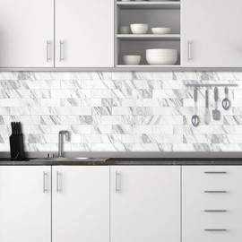 AULIGET 4-Piece White Marble Look Peel and Stick Backsplash Wall Tiles, 3" x 6" PVC Faux Stone Stick on Tile for Backsplash Kitchen, Bathroom, Laundry Room, Camper, Fireplace