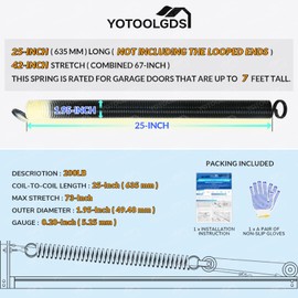 YoTooLGDS Pair of 200 lbs Heavy Duty Garage Door Extension Springs Stretch Springs, 25” Long, Double Loop Ends, High Precision Electrophoresis Black Coated,MIN 16,000 Cycles,for 7ft High Garage Doors