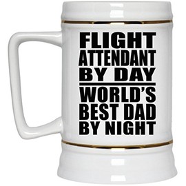 Designsify Gifts, Flight Attendant By Day World's Best Dad By Night, 22oz Beer Stein Ceramic Tankard Mug with Handle for Freezer, for Birthday Anniversary Mom Dad Parents Fathers Mothers Day Party