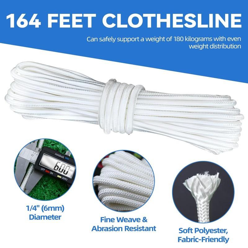 Clothesline Kit Outdoors, Clothes Line Pulley Kit, 164ft Polyester Clothes