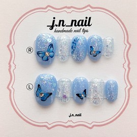 Spring Butterfly Homemade Nail Tips - Almond Egg / 봄의 나비 수제네일팁 - 아몬드에그