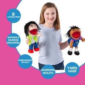 Fun Express Hand Puppets for Kids - 8 Multicultural Plush Puppets with Movable Mouths for Speech Therapy, Social Emotional Learning & Dramatic Play | 14 Inch Educational Toys for Classroom & Home Use