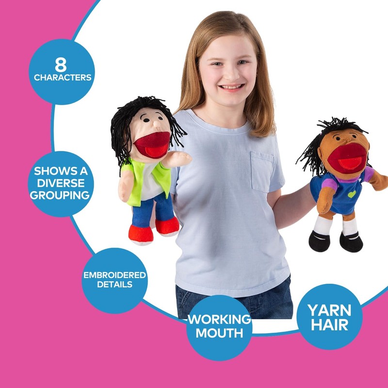 Fun Express Hand Puppets for Kids - 8 Multicultural Plush