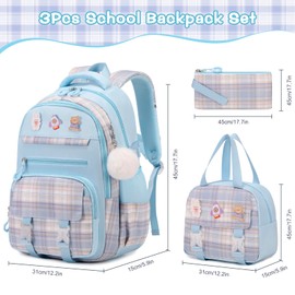 FIXITOK 3PCS Girls Backpack, School Backpack for Girls with Lunch Box, Pencil Case, Cute Kawaii Plaid Book Bag for Girls Kindergarten Elementary Preschool Middle High School