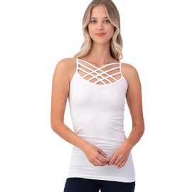 2 Pack Women Criss Cross Strappy Front Basic Round HollowOut Neck Seamless Camisole Tank Top (H Grey-White, Small-Medium)