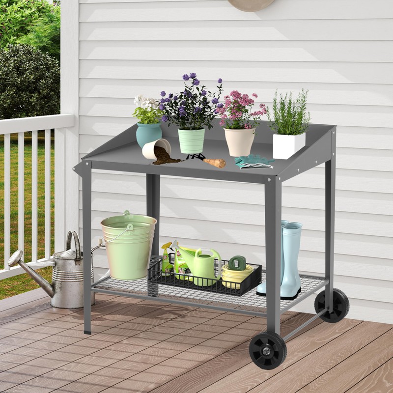 Outdoor Metal Potting Bench with Wheels, Heavy Duty Garden Workbench