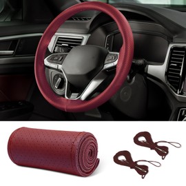 HEVLE Leather Steering Wheel Cover, Lace Up, 15 inch, Wine Red, Universal Car Steering Wheel Protector