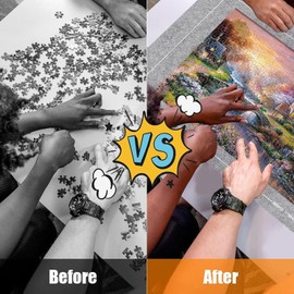 TOCOZOC Tapete de Rompecabezas Enrollable Juego de Alfombrilla Portátil, para 500, 1000 y 1500 Piezas,con Bomba Negra y Bolsa de Almacenamiento con Cordón y 4 Bandejas Clasificadoras (Gris)