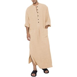 YAOHUOLE Muslim Men Abaya Mens Caftans Big and Tall Men Prayer Thobe with Pocket Khaki 3XL