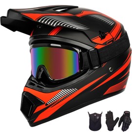 Yesmotor Youth Dirt Bike Helmet Set Includes Gloves, Goggles, Mask, Ideal Helmet for Kids 8-14, Premium Safety Gear for Dirt Bike Helmets Enthusiasts - DOT Approved (Red,XL)